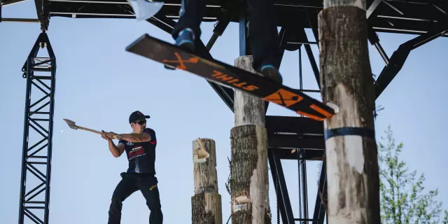 Alexandre Meurisse of France performs during the STIHL TIMBERSPORTS® French Pro Championship 2023 in Saint Bonnet de Joux, France on June 24, 2023.