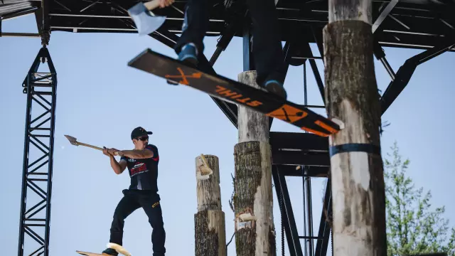 Alexandre Meurisse of France performs during the STIHL TIMBERSPORTS® French Pro Championship 2023 in Saint Bonnet de Joux, France on June 24, 2023.