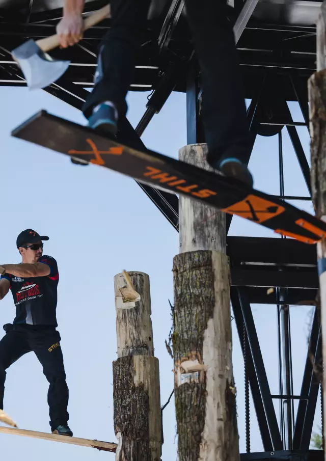 Alexandre Meurisse of France performs during the STIHL TIMBERSPORTS® French Pro Championship 2023 in Saint Bonnet de Joux, France on June 24, 2023.