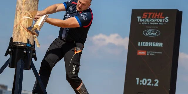 Pierre Puybaret of France performs during the Time Trials of STIHL TIMBERSPORTS® World Trophy 2023 in Rotterdam, Netherlands  on June 9, 2023.