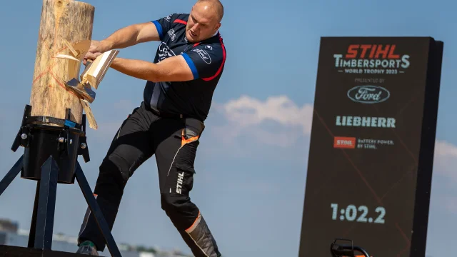 Pierre Puybaret of France performs during the Time Trials of STIHL TIMBERSPORTS® World Trophy 2023 in Rotterdam, Netherlands  on June 9, 2023.