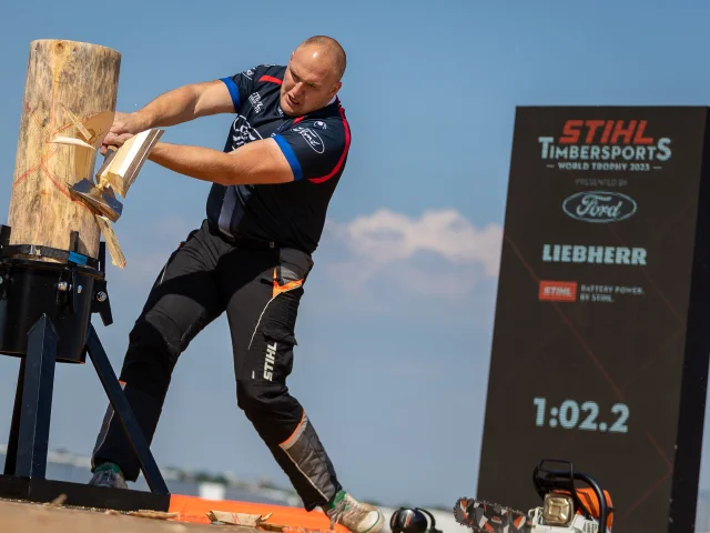 Pierre Puybaret of France performs during the Time Trials of STIHL TIMBERSPORTS® World Trophy 2023 in Rotterdam, Netherlands  on June 9, 2023.