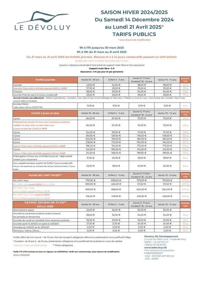 Tarifs des remontées mécaniques du Dévoluy - Hiver 24-25