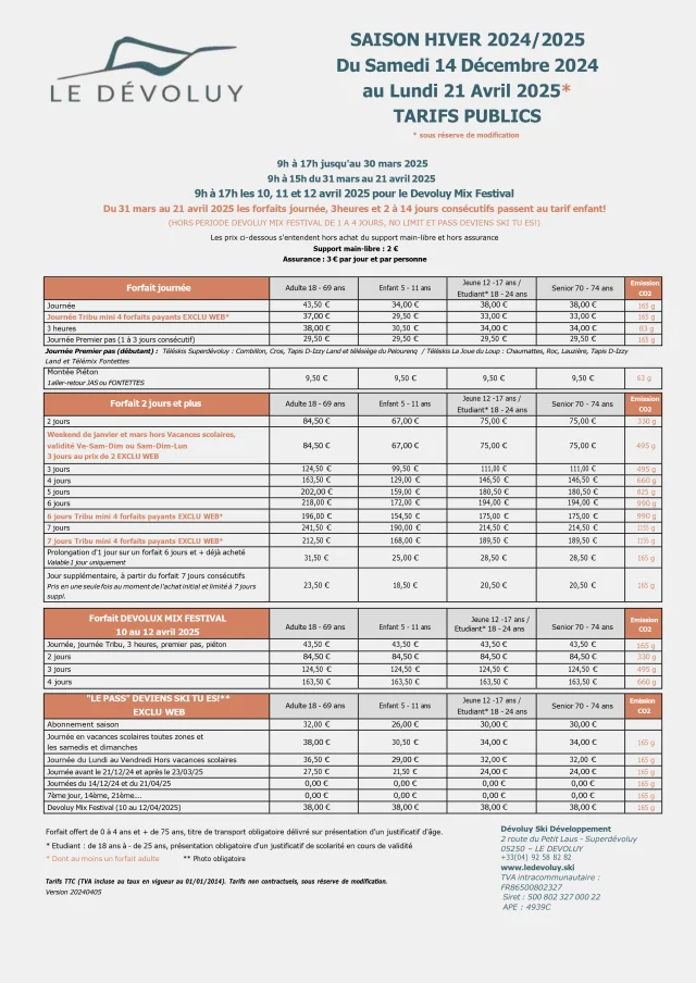 Tarifs des remontées mécaniques du Dévoluy - Hiver 24-25